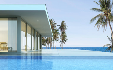Perspective of modern luxury house with wood terrace and swimming pool on sea view and coconut trees background, Minimal building style. 3D rendering.