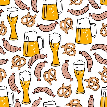 Beer seamless pattern. Vector hand drawn doodle beer mug, glass, Bavarian sausage, pretzel. Oktoberfest festival. For poster, package, card, banner, flyer, t-shirt print, wallpaper, wrapping 