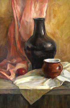 Rustic still life with a black jug and an egg, oil painting