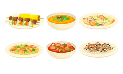 Dishes with Meat and Seafood with Vegetables Vector Set