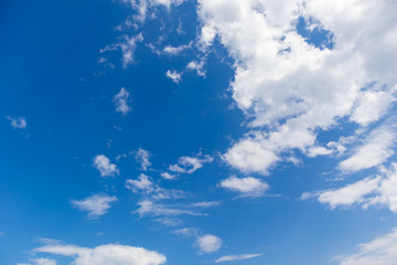 White fluffy clouds on blue sky background in summer