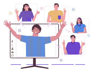 Chatting on the Internet with friends. Social networks and communication. Video message and letters. Refer a friend. Group of people. Flat illustration