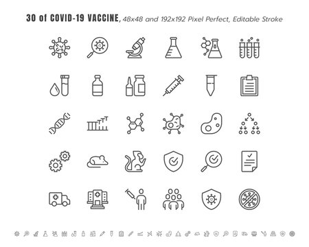 Simple Set Of Covid-19, Coronavirus Vaccine Development Line Outline Icons. Such Icons As Clinical Research, Antibody, Laboratory, Immune, Treatment, Injection, 48x4 Pixel Perfect. Editable Stroke.