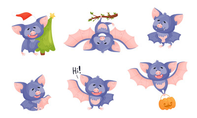 Funny Bat with Membranous Wings Flying and Carrying Fir Tree Vector Set
