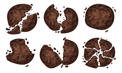 Chocolate Oatmeal Cookies with Crumbs Isolated on White Background Vector Set