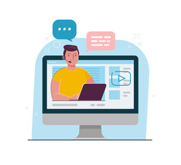 Live stream, webinar. Video blogger cartoon vector illustration