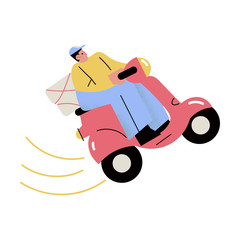 Man courier carrying heap of odrers in boxes for delivering by bike