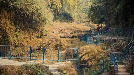 A blue railing steel at the stairway