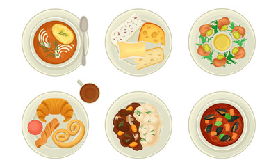 French Starters and Main Courses with Oyster Soup and Escargot Dish Vector Set