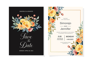 wedding invitation card with yellow watercolor flower