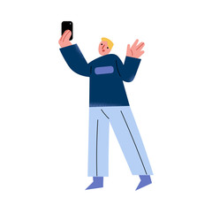 Young man having online meeting with friends on smartphone at home