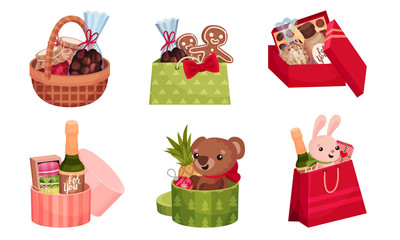 Open Carton Gift Box Full with Tasty Presents and Holiday Treats Vector Set
