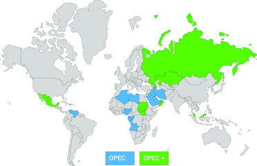 Map of world with opec countries and opec + countries - obrazy, fototapety, plakaty