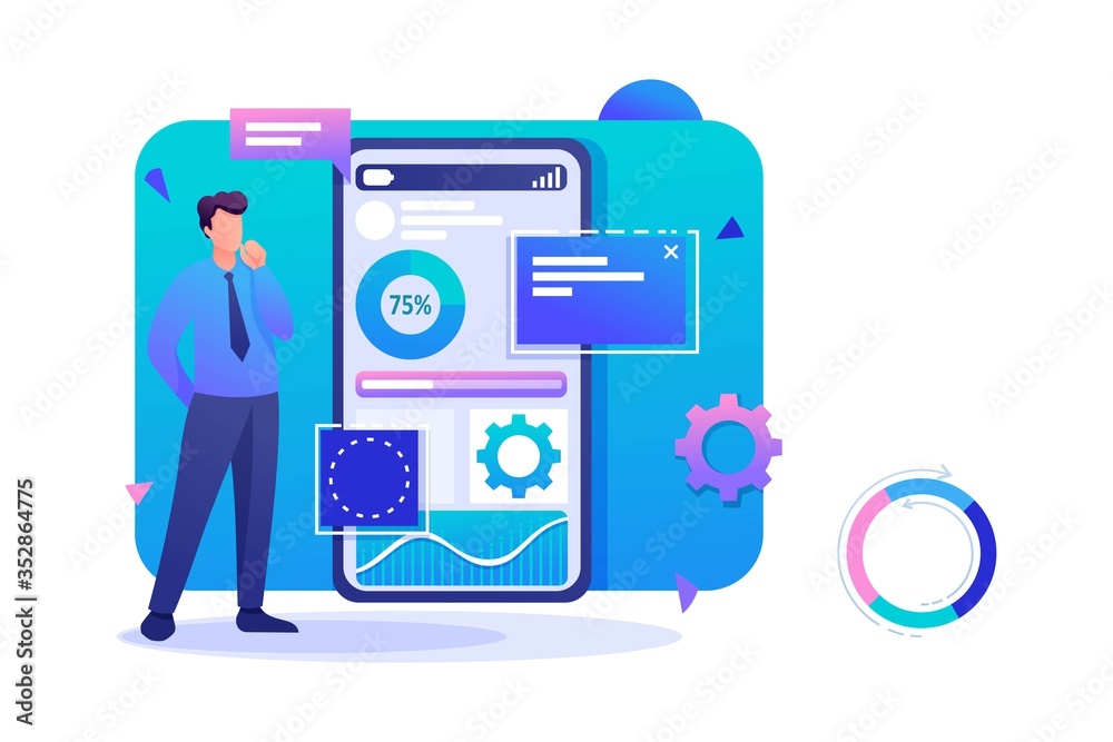 Poster man works on a mobile application for data collection. flat 2d character. concept for web design
