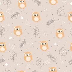 Seamless vector pattern of funny cartoon owl in the forest. Scandinavian style.