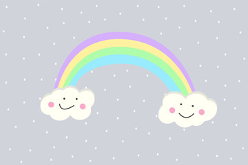Rainbow and funny clouds on a gray background. Vector drawing for children.