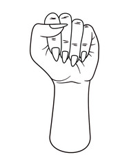 Female arm and fist raised into the air. Pride symbol for feminism and fiminist or lgbt community. Sign for equality and freedom, protest and fighting for human rights. Lineart uncolored coloring page