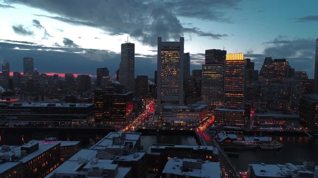 Boston City Aerial at Night with Traffic Lights