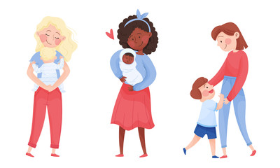 Happy Mothers Cuddling Their Kids Holding with Arms Vector Set