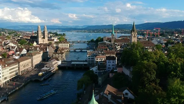 Rooftop view of the river Limmat, Zurich and lake Zurich. 