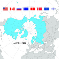 Map of Arctic council countries and flags