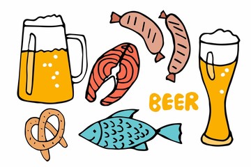 Set of beer and snack Isolated on white background. Vector hand drawn doodle beer mug, glass, Bavarian sausage, pretzel, salmon. For web, poster, invitation to party, card design, menu, banner, logo