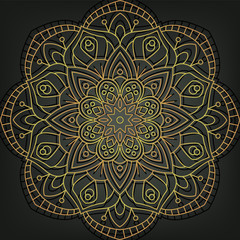 Gold mandala on black background. Ethnic vintage pattern