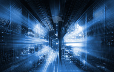 3d rendering information technology in modern world, digital streams come out of planet earth against the background of skyscrapers and data center servers, on top of the HUD interface