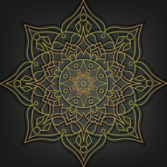 Gold mandala on black background. Ethnic vintage pattern