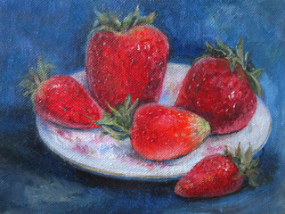 Ripe Strawberries, original oil painting on canvas