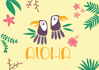 Obraz premium tropic vibes ALOHA lettering toucan with exotic leaves and flowers yellow background