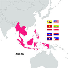 Fototapeta premium Mapa krajów ASEAN z flagami
