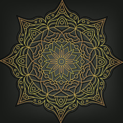 Gold mandala on black background. Ethnic vintage pattern