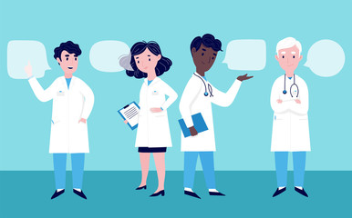 Health care workers team concept. Man and woman doctors characters standing, full body. Doctors in masks. Flat cartoon style vector illustration set for card, online site, banner ad and more  - 352868574