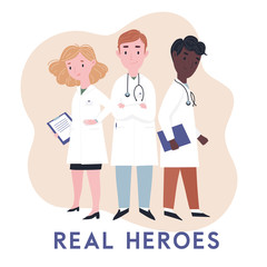 Health care workers team concept. Man and woman doctors characters standing, full body. Doctors in masks. Flat cartoon style vector illustration set for card, online site, banner ad and more  - 352868781
