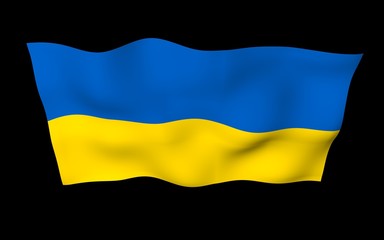 The flag of Ukraine on a dark background. National flag and state ensign. Blue and yellow bicolour. 3D illustration waving flag