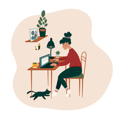 Home office concept vector illustration. Woman sitting on the chair at the table. Online meeting or conversation, virtual call. Study from home.