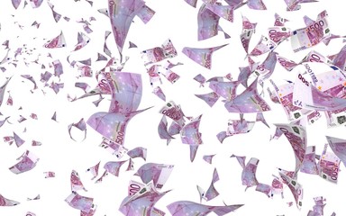 Flying euro banknotes isolated on a white background. Money is flying in the air. 500 EURO in color. 3D illustration