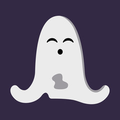 Cute dancing ghost isolated on dark purple background. Halloween character wearing white sheet with holes. Element for poster, banner