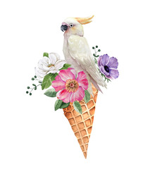 waffle cone with a bouquet of flowers and a cockatoo bird, watercolor illustration
