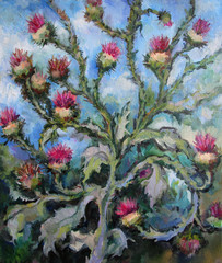 Wild Thistle on the blue background, oil painting