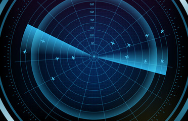 abstract background of futuristic technology screen scan flight radar airplane route path with scan interface hud