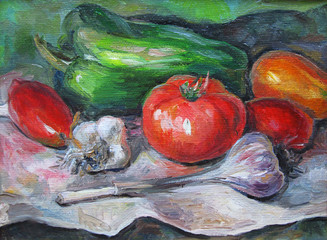 Ripe colorful vegetables on the table, oil painting