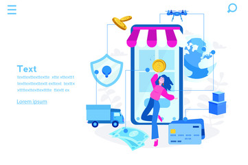 Online shopping in smartphone. Vector illustration for web banner, infographics, mobile. Happy woman with money. 