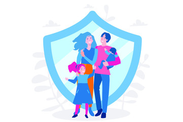 Family life insurance, Big family near 
shield.  Vector illustration for web banner, infographics, mobile. Insurance concept