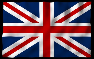 Waving flag of the Great Britain on dark background. British flag. United Kingdom of Great Britain and Northern Ireland. State symbol of the UK. 3D illustration