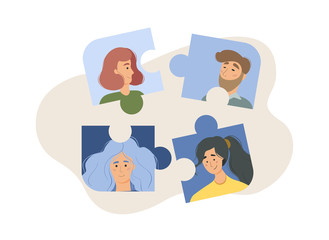 Obraz premium Vector illustration of a puzzle with people, colleagues. Staff productivity, coordination company employees, management and effective team building, teamwork, leadership concept