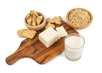 Soy Foods Collection with Soy Meat, Soybeans, Soy Milk and Tofu