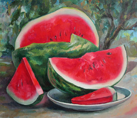 Fresh cut watermelon on a table in the garden, oil painting