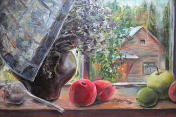 Window view in the village, window sill with apples, oil painting